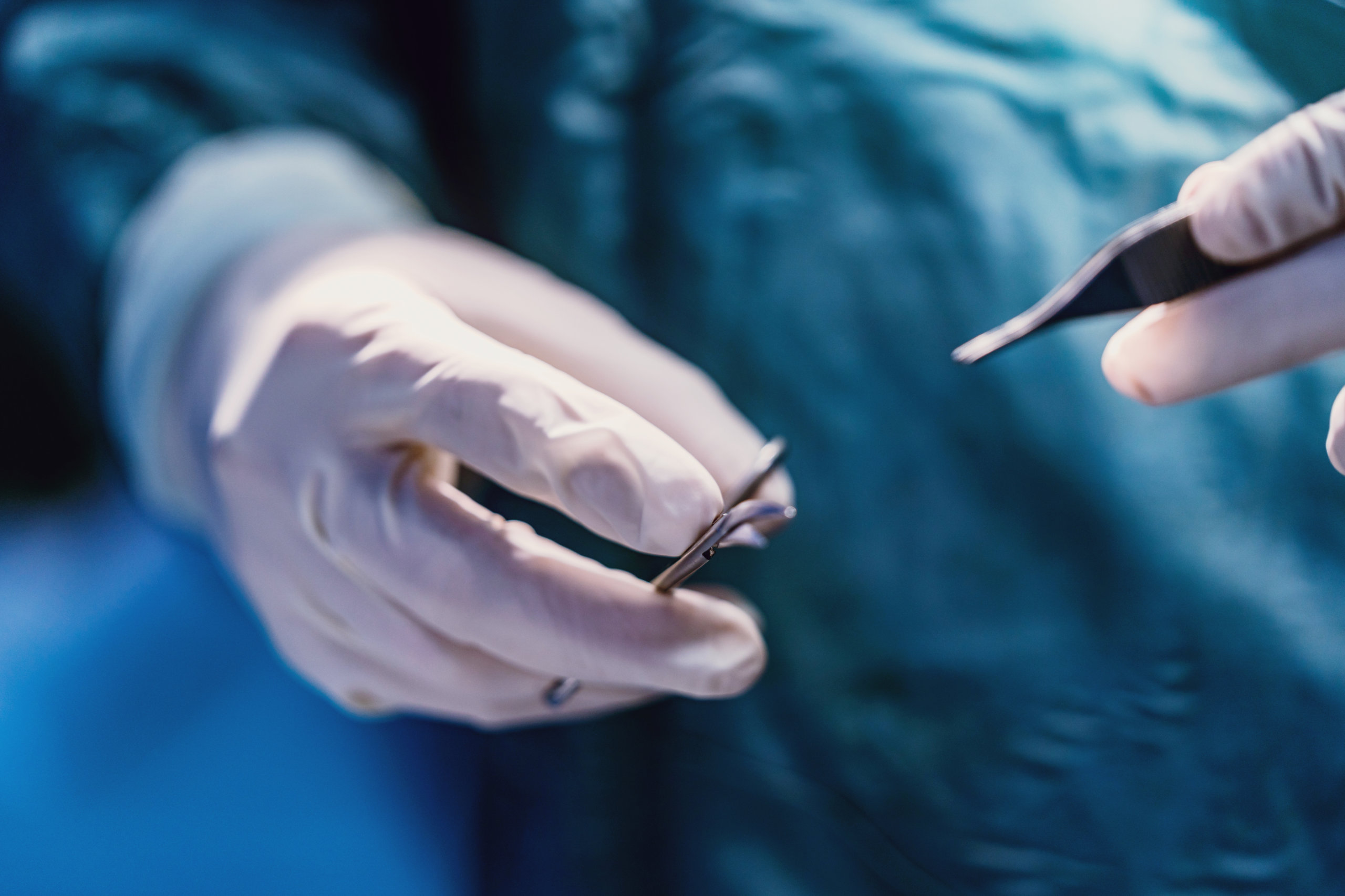 Plastic surgeon holding surgical tools.